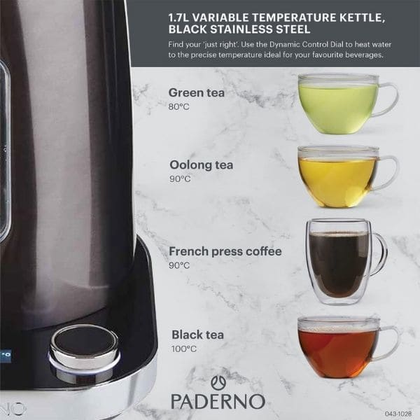 PADERNO Cordless Electric Kettle w/ Auto Shut Off, Black Stainless Steel,  1.7L